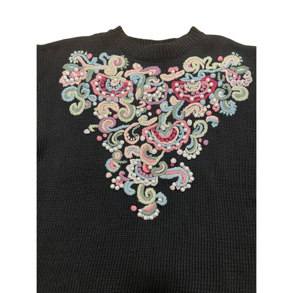 Vintage Sweater Rebecca Stone Black Pearl Embroidered Floral 90s Large - Picture 2 of 6